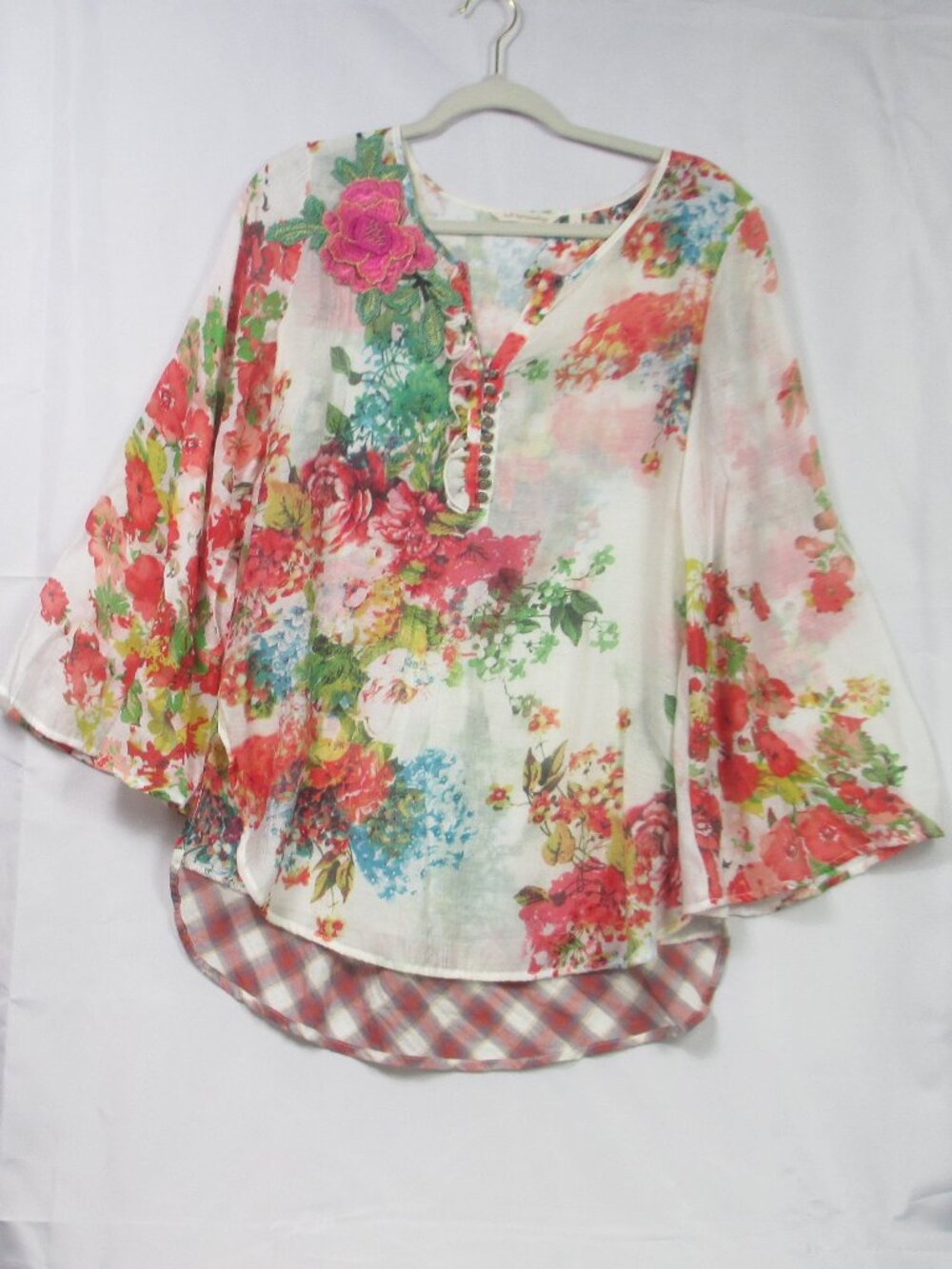 Soft Surroundings Flower District Tunic S Womens Flare Sleeves Applique Flower